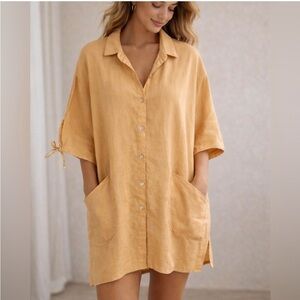 Sigrid Olsen Linen Tunic Top Women M Yellow Button Pockets Lagenlook Coastal